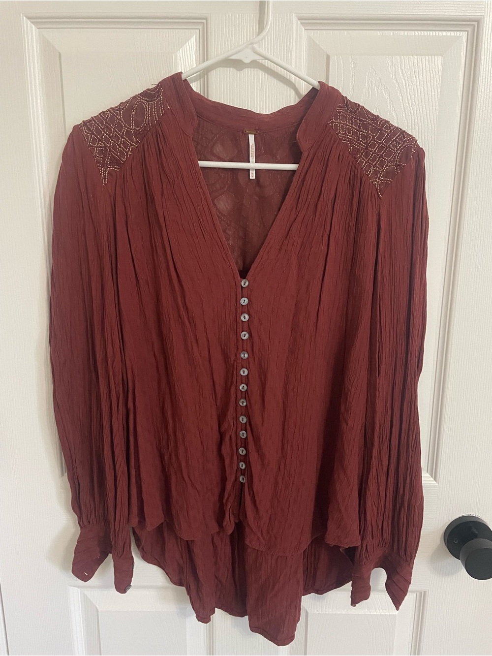 Free People Rust Red Button-Front Peasant Blouse